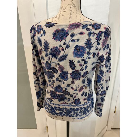 Talbots Merino Wool Blue Gray Paisley Floral Puff Sleeve Crewneck Sweater M - Picture 4 of 9